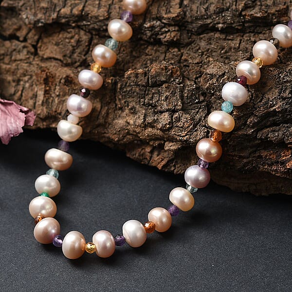 Shop Lc Multi Color Freshwater Pearl And Multi Gemstone 10.00 Tw Necklace 18 Inches In Rhodium Over Sterling Silver