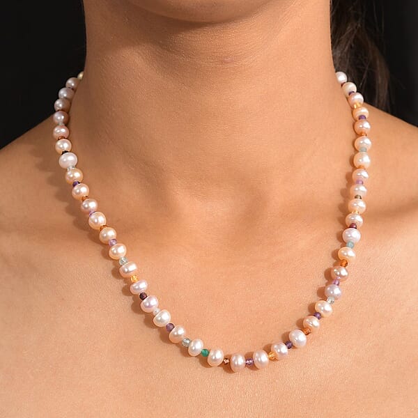 Shop Lc Multi Color Freshwater Pearl And Multi Gemstone 10.00 Tw Necklace 18 Inches In Rhodium Over Sterling Silver