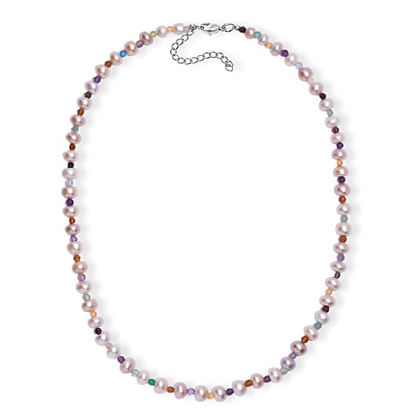 Shop Lc Multi Color Freshwater Pearl And Multi Gemstone 10.00 Tw Necklace 18 Inches In Rhodium Over Sterling Silver
