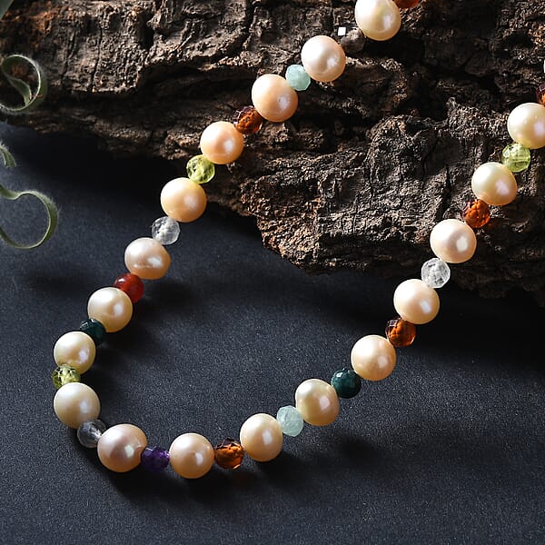 Shop Lc Multi Color Freshwater Pearl And Multi Gemstone 22 Ctw Rainbow Grace Necklace 18 Inches In Rhodium Over Sterling Silver