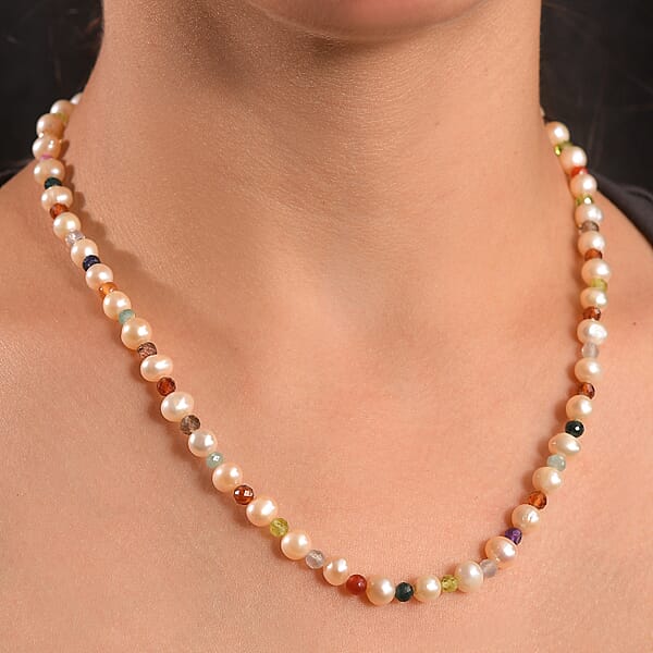 Shop Lc Multi Color Freshwater Pearl And Multi Gemstone 22 Ctw Rainbow Grace Necklace 18 Inches In Rhodium Over Sterling Silver