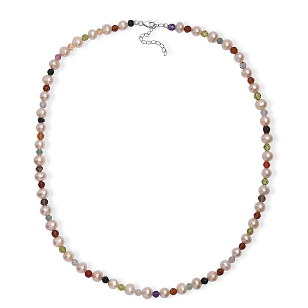 Shop Lc Multi Color Freshwater Pearl And Multi Gemstone 22 Ctw Rainbow Grace Necklace 18 Inches In Rhodium Over Sterling Silver
