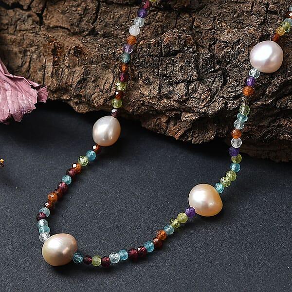 Shop Lc Multi Color Freshwater Pearl And Multi Gemstone 30 Ctw Necklace 24 Inches In Rhodium Over Sterling Silver