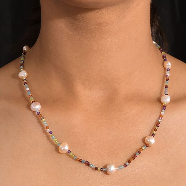 Shop Lc Multi Color Freshwater Pearl And Multi Gemstone 30 Ctw Necklace 24 Inches In Rhodium Over Sterling Silver