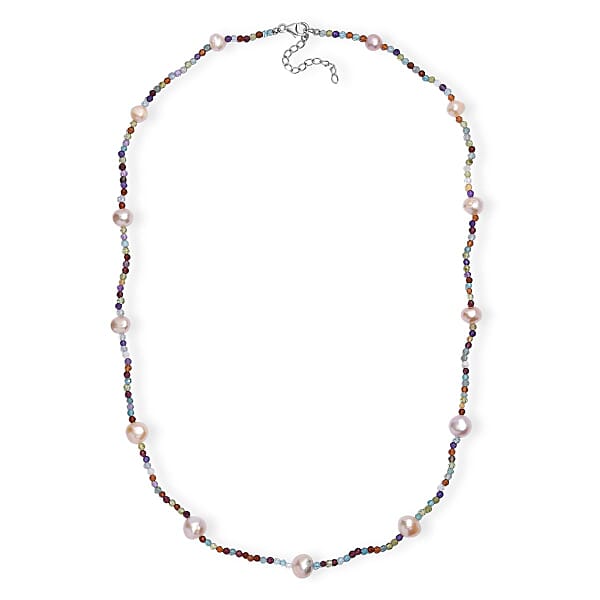 Shop Lc Multi Color Freshwater Pearl And Multi Gemstone 30 Ctw Necklace 24 Inches In Rhodium Over Sterling Silver