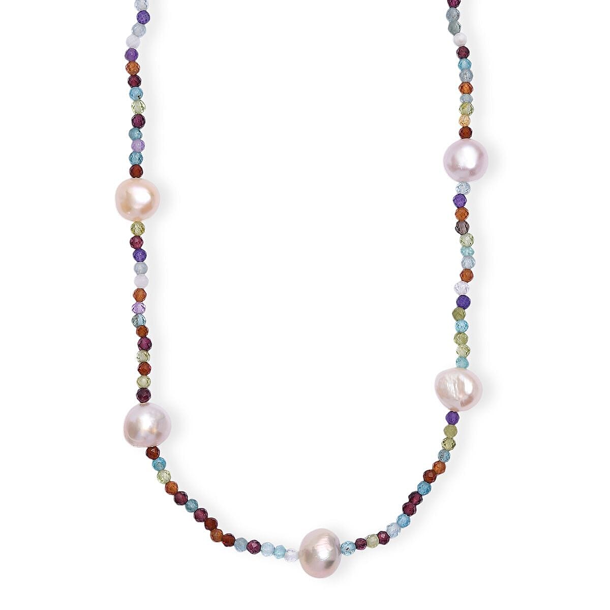 shop lc Multi Color Freshwater Pearl and Multi Gemstone 30 ctw Necklace 24 Inches in Rhodium Over Sterling Silver