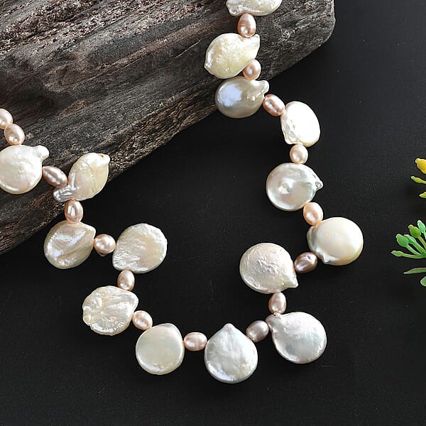 Shop Lc Multi Color Freshwater Pearl Oval And Fancy Shape Necklace In Rhodium Over Sterling Silver 18 Inches