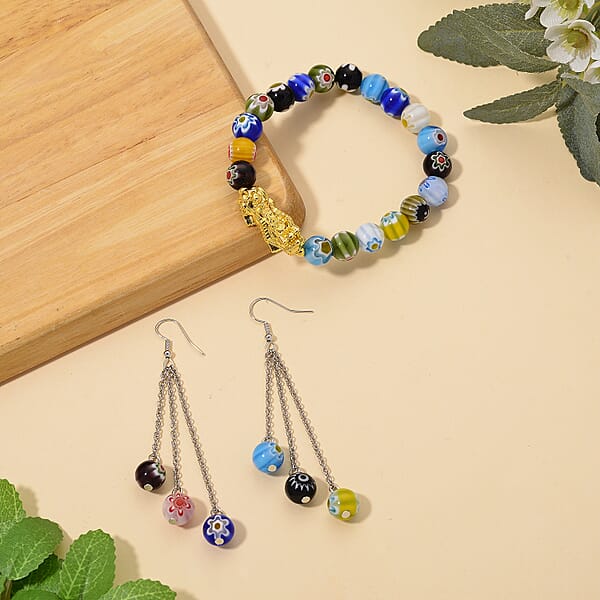 Shop Lc Multi Color Murano Style Beaded Stretch Bracelet With Pixiu Charm And Dangling Earrings In Goldtone And Stainless Steel
