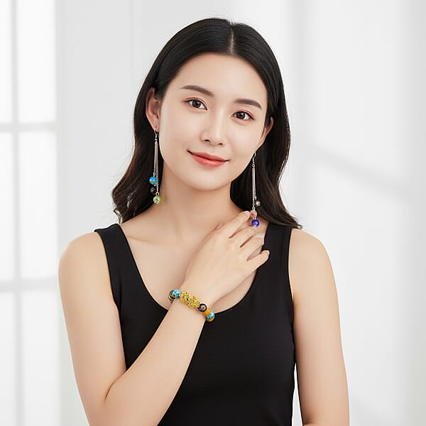 Shop Lc Multi Color Murano Style Beaded Stretch Bracelet With Pixiu Charm And Dangling Earrings In Goldtone And Stainless Steel