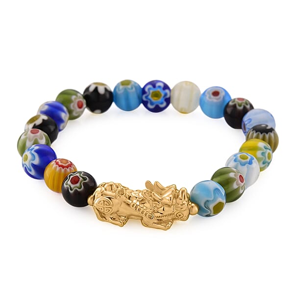 Shop Lc Multi Color Murano Style Beaded Stretch Bracelet With Pixiu Charm And Dangling Earrings In Goldtone And Stainless Steel
