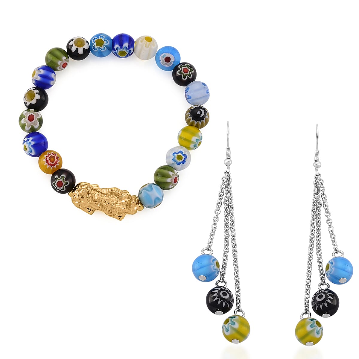 shop lc Multi Color Murano Style Beaded Stretch Bracelet with Pixiu Charm and Dangling Earrings in Goldtone and Stainless Steel