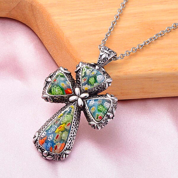 Shop Lc Multi Color Murano Style Cross Pendant Necklace In Black Oxidized Stainless Steel 20 Inches