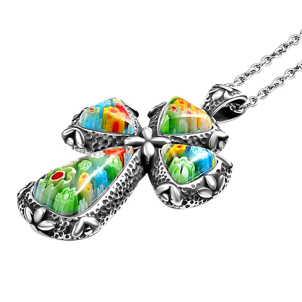 Shop Lc Multi Color Murano Style Cross Pendant Necklace In Black Oxidized Stainless Steel 20 Inches