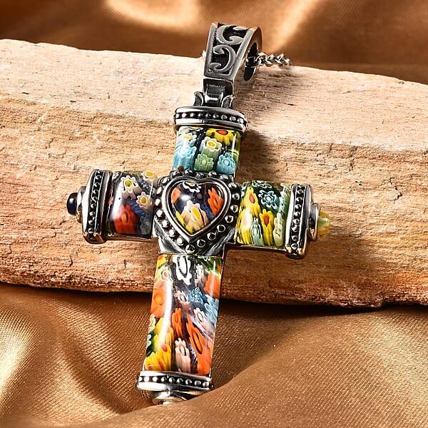 Shop Lc Multi Color Murano Style Cross Pendant Necklace In Black Oxidized Stainless Steel 20 Inches