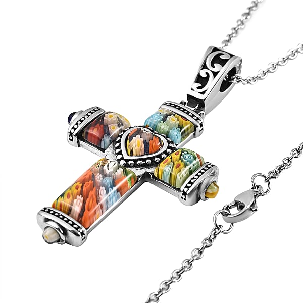 Shop Lc Multi Color Murano Style Cross Pendant Necklace In Black Oxidized Stainless Steel 20 Inches