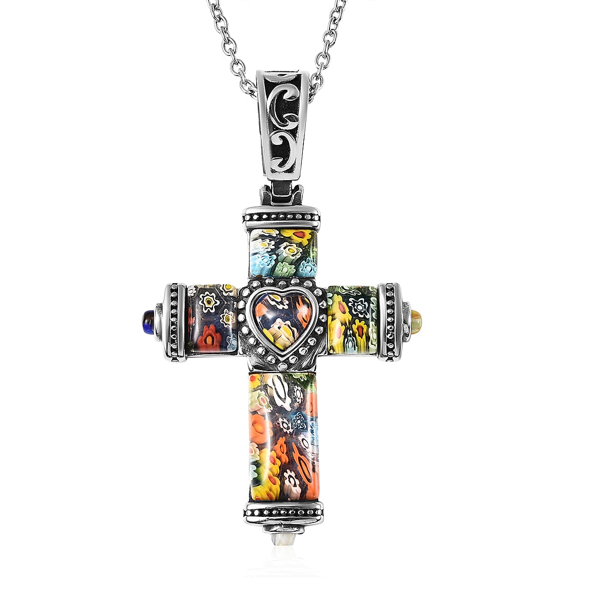 shop lc Multi Color Murano Style Cross Pendant Necklace in Black Oxidized Stainless Steel 20 Inches