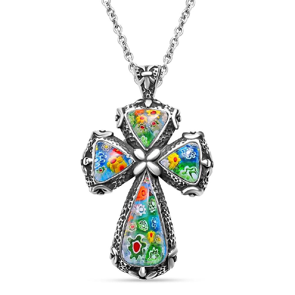 shop lc Multi Color Murano Style Cross Pendant Necklace in Black Oxidized Stainless Steel 20 Inches
