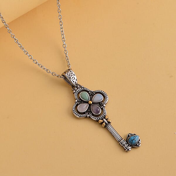 Shop Lc Multi Gemstone 2.50 Ctw Key Pendant Necklace In ION Plated Yellow Gold And Stainless Steel 20 Inches