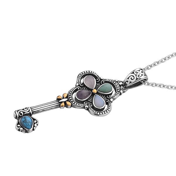 Shop Lc Multi Gemstone 2.50 Ctw Key Pendant Necklace In ION Plated Yellow Gold And Stainless Steel 20 Inches