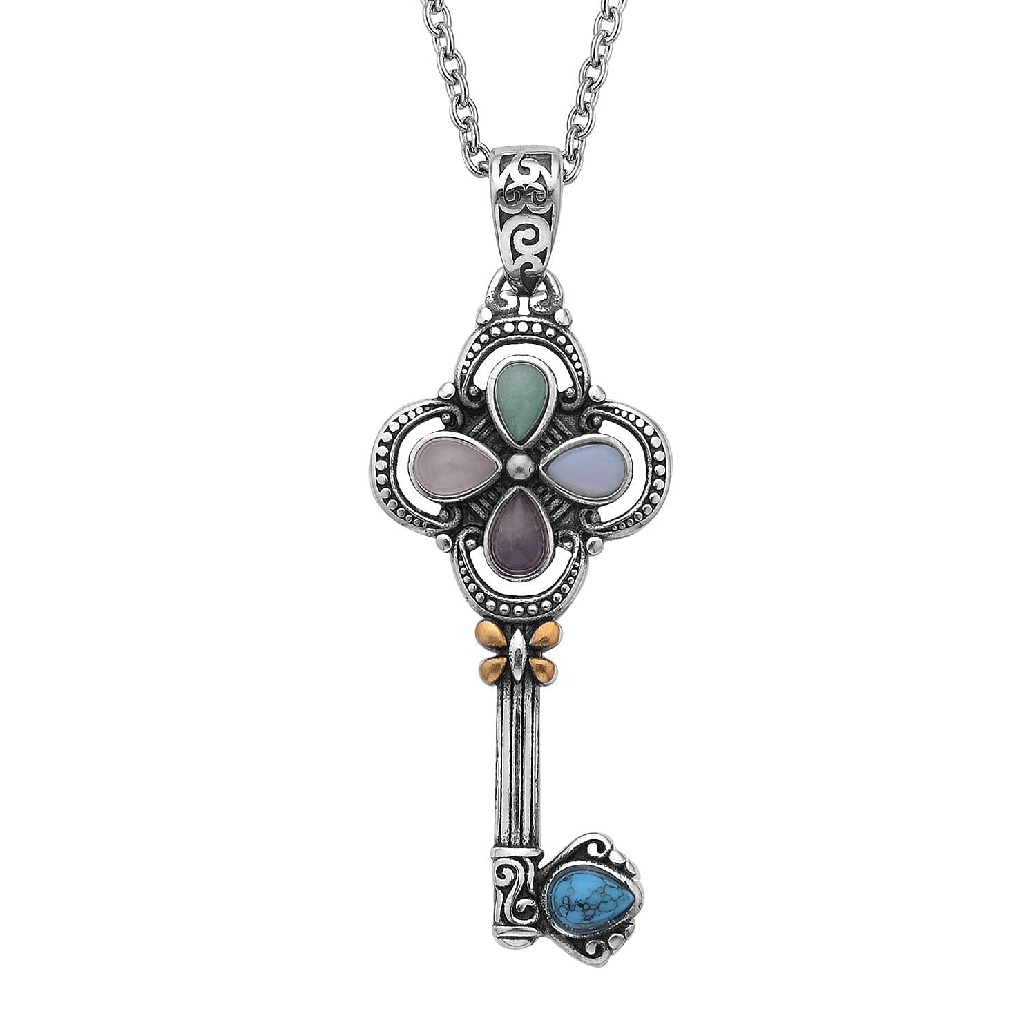 shop lc Multi Gemstone 2.50 ctw Key Pendant Necklace in ION Plated Yellow Gold and Stainless Steel 20 Inches