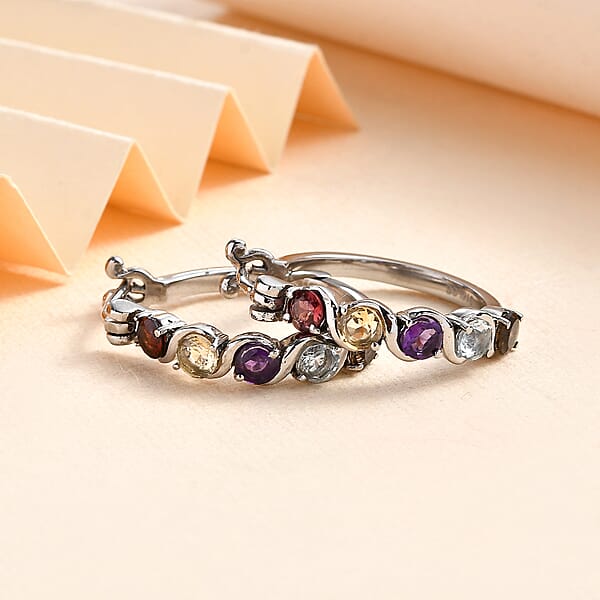 Shop Lc Multi Gemstone 2.80 Ctw Hoop Earrings In Stainless Steel