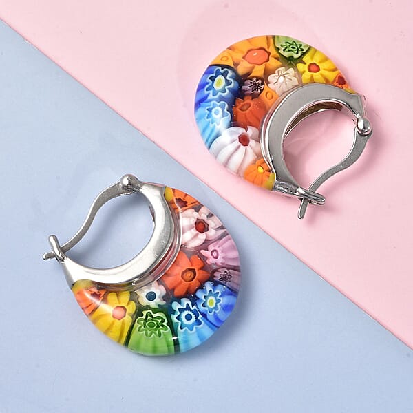 Shop Lc Multi Murano Style Basket Hoop Earrings In Stainless Steel Floral Millefiori Earrings Sweatproof Hypoallergenic Earrings
