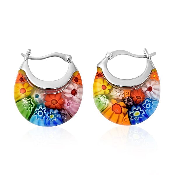 Shop Lc Multi Murano Style Basket Hoop Earrings In Stainless Steel Floral Millefiori Earrings Sweatproof Hypoallergenic Earrings