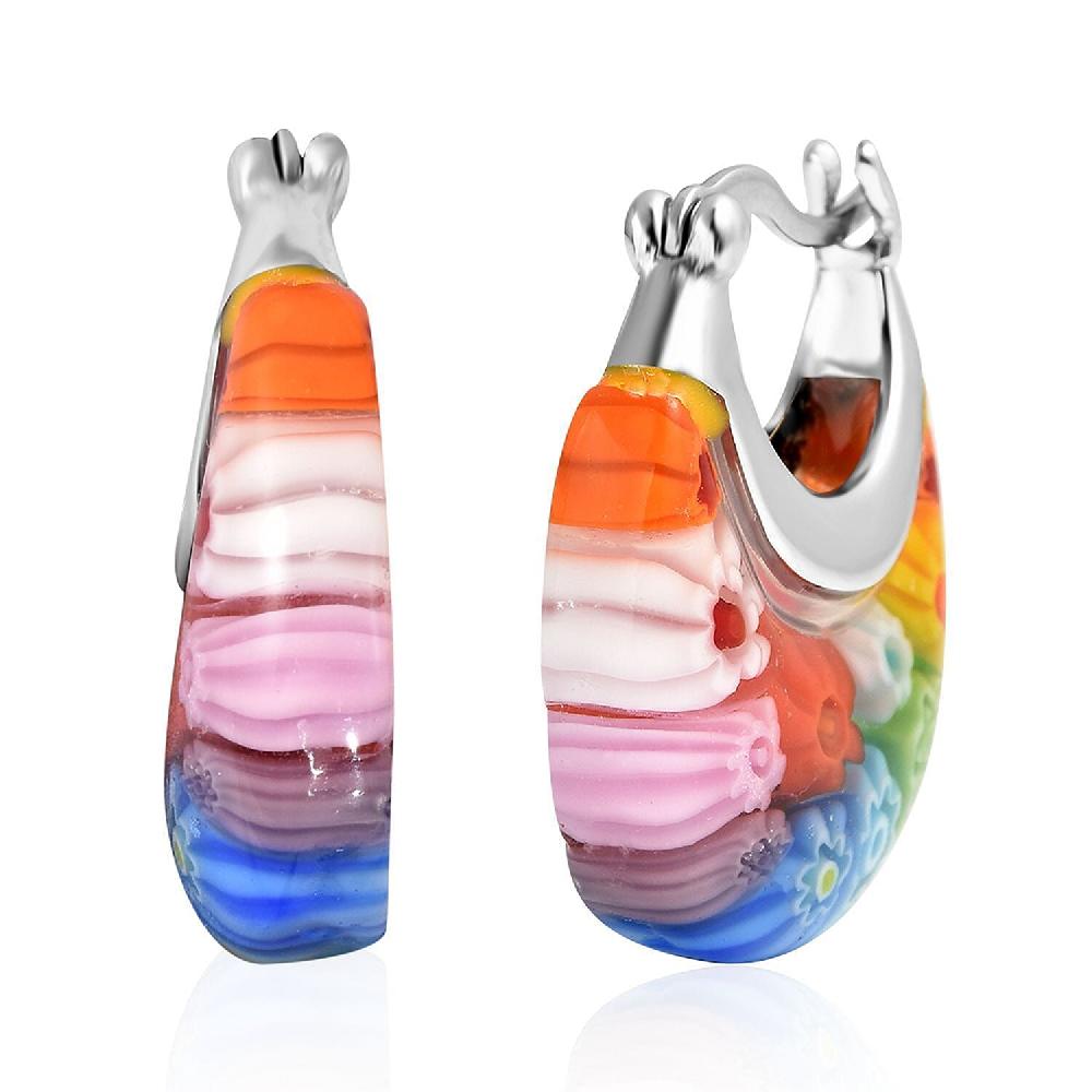 shop lc Multi Murano Style Basket Hoop Earrings in Stainless Steel Floral Millefiori Earrings Sweatproof Hypoallergenic Earrings