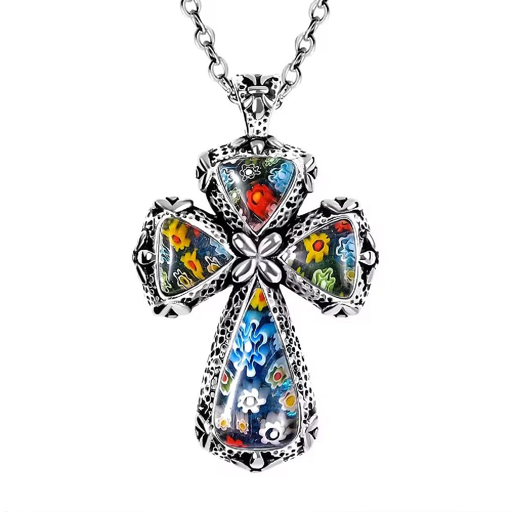 shop lc Multi Murano Style Cross Pendant Necklace For Women in Stainless Steel 20 Inches