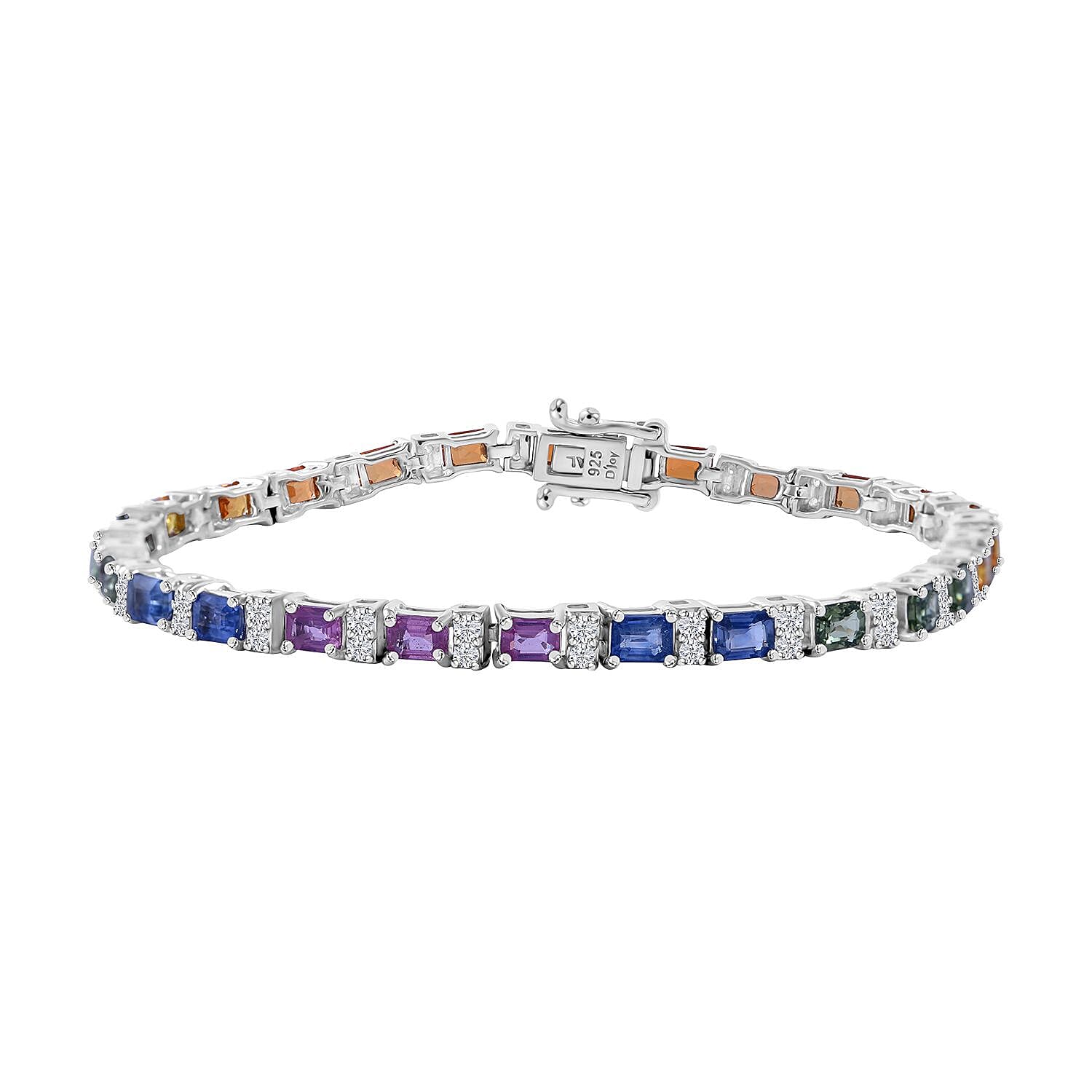 shop lc Multi Sapphire and Moissanite 9.50 ctw Rainbow Cascade Bracelet in Rhodium Over Sterling Silver (8.00 In)