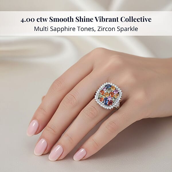Shop Lc Multi Sapphire And White Zircon 4.00 Ctw Sunburst Elegance Ring In Rhodium Over Sterling Silver