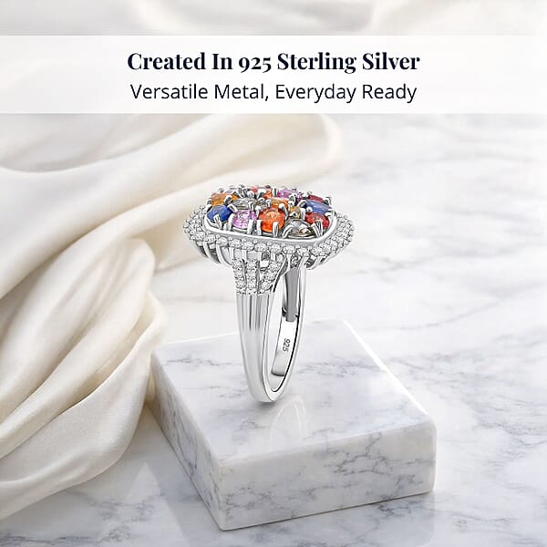 Shop Lc Multi Sapphire And White Zircon 4.00 Ctw Sunburst Elegance Ring In Rhodium Over Sterling Silver