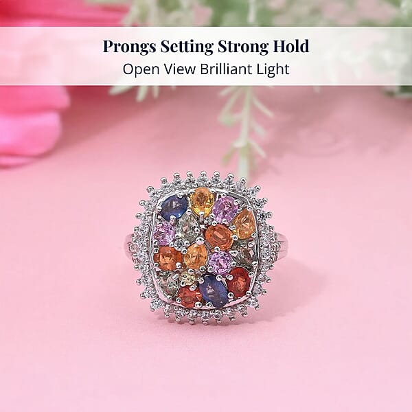Shop Lc Multi Sapphire And White Zircon 4.00 Ctw Sunburst Elegance Ring In Rhodium Over Sterling Silver