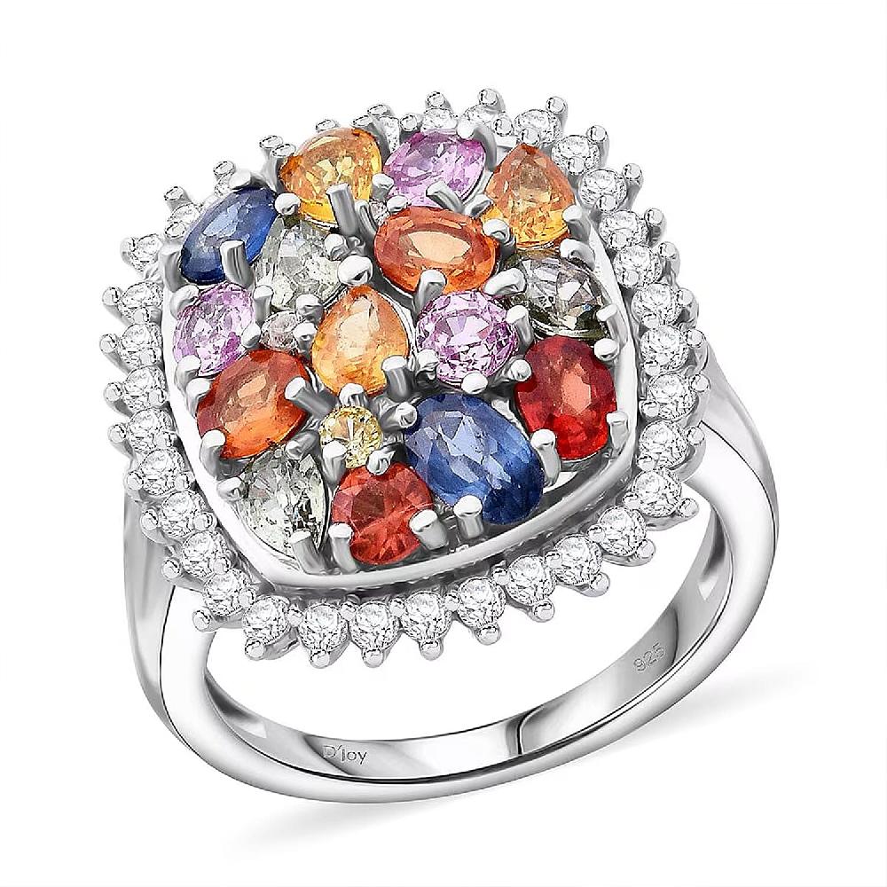 shop lc Multi Sapphire and White Zircon 4.00 ctw Sunburst Elegance Ring in Rhodium Over Sterling Silver