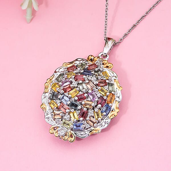 Shop Lc Multi Sapphire And White Zircon 4.15 Ctw Prism Blossom Pendant Necklace In 18K Vermeil YG And Rhodium Over Sterling Silver 20 Inches