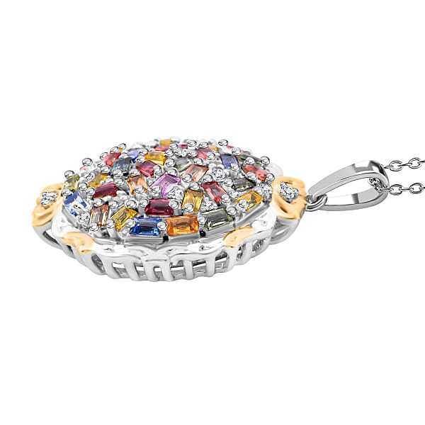 Shop Lc Multi Sapphire And White Zircon 4.15 Ctw Prism Blossom Pendant Necklace In 18K Vermeil YG And Rhodium Over Sterling Silver 20 Inches