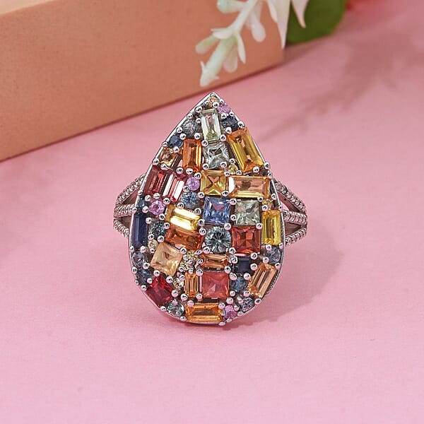 Shop Lc Multi Sapphire And White Zircon 5.40 Ctw Ring In Rhodium Over Sterling Silver