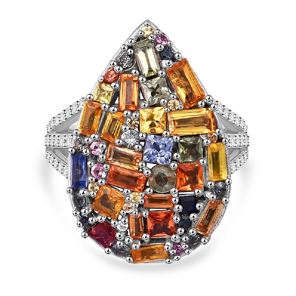 shop lc Multi Sapphire and White Zircon 5.40 ctw Ring in Rhodium Over Sterling Silver