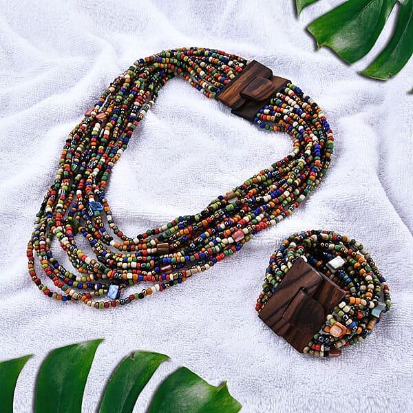Shop Lc Multi Seed Bead Layered Necklace (18 Inches) Wooden Buckle Stretch Bracelet