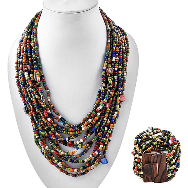 Shop Lc Multi Seed Bead Layered Necklace (18 Inches) Wooden Buckle Stretch Bracelet