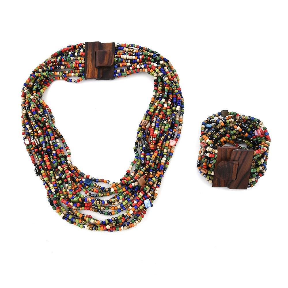 shop lc Multi Seed Bead Layered Necklace (18 Inches) Wooden Buckle Stretch Bracelet