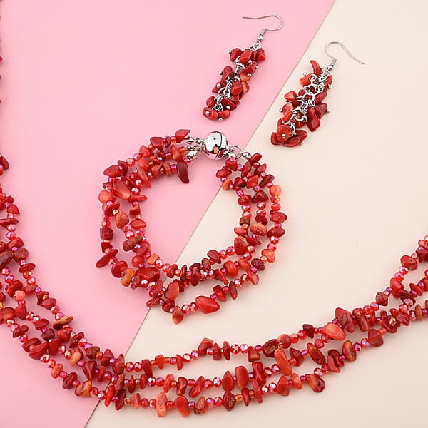 Shop Lc Multi Wear Coral Seed Beaded Earrings Multi Wear Triple Strand Bracelet (8 In) And Necklace (20.00 In) In Silvertone