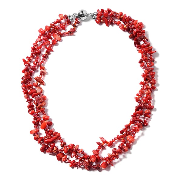 Shop Lc Multi Wear Coral Seed Beaded Earrings Multi Wear Triple Strand Bracelet (8 In) And Necklace (20.00 In) In Silvertone