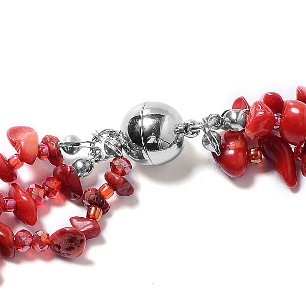 Shop Lc Multi Wear Coral Seed Beaded Earrings Multi Wear Triple Strand Bracelet (8 In) And Necklace (20.00 In) In Silvertone