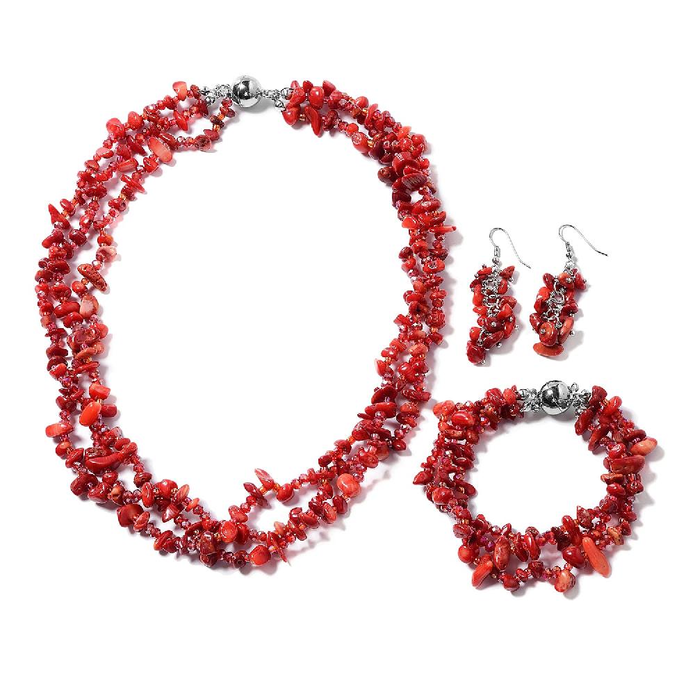 shop lc Multi Wear Coral Seed Beaded Earrings Multi Wear Triple Strand Bracelet (8 in) and Necklace (20.00 In) in Silvertone