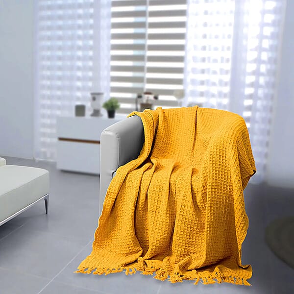 Shop Lc Mustard Honeycomb Pattern Throw With Tassels (Cotton)