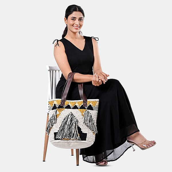 Shop Lc Mustard Yellow Cotton And Jacquard Tote Bag With Faux Leather Handle