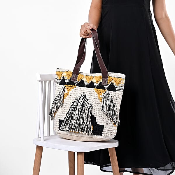 Shop Lc Mustard Yellow Cotton And Jacquard Tote Bag With Faux Leather Handle