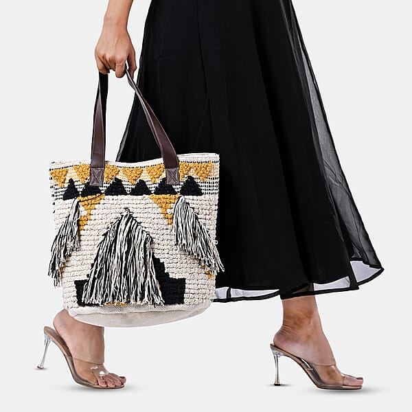 Shop Lc Mustard Yellow Cotton And Jacquard Tote Bag With Faux Leather Handle