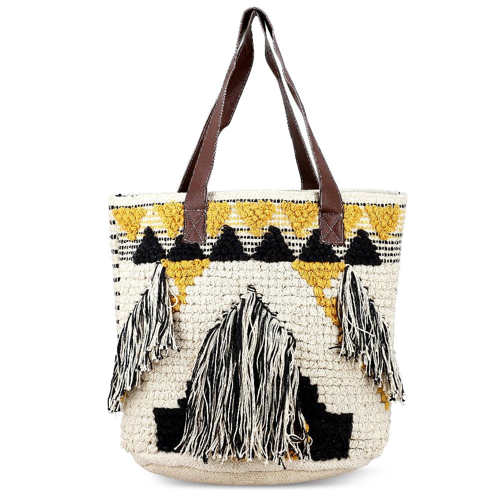 shop lc Mustard Yellow Cotton and Jacquard Tote Bag with Faux Leather Handle